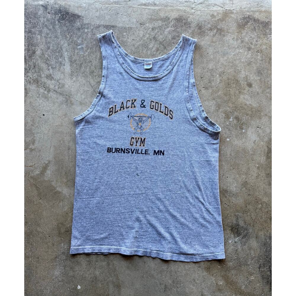 VTG 1980s Champion Black and Gold Gym Gray Lifting Workout Tanktop Size Medium